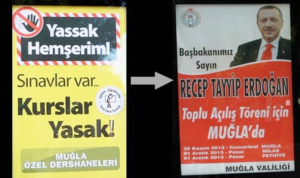 Başbakanın güzergahındaki dershane afişleri kaldırıldı, gösteri yasaklandı