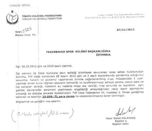 TVF'den Fenerbahçe Kulübü'ne para cezası verildi